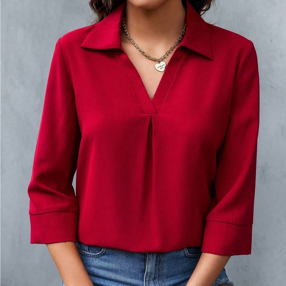 V neck fold over collar pleated 3/4 sleeve blouse red